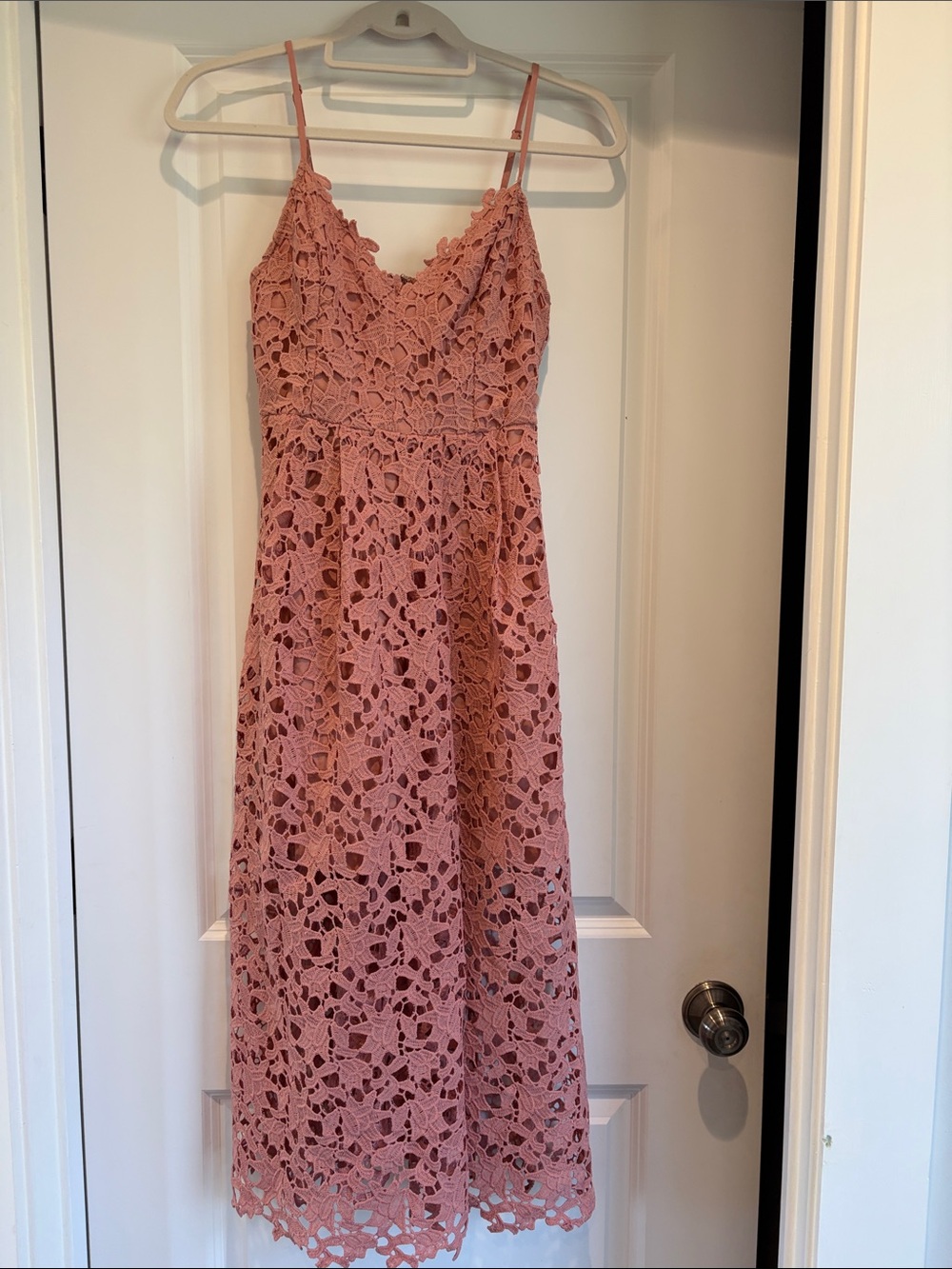 Astr Pink Crochet Lace Midi Dress with Spaghetti Straps